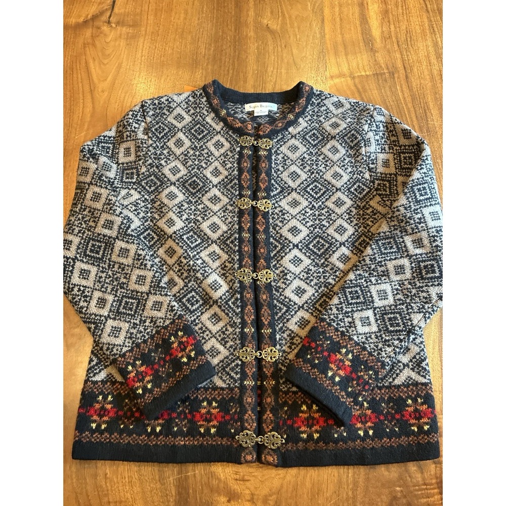 VTG Susan Bristol Cardigan Sweater 100% Wool Metal Nordic Fair Isle Knit Small - Picture 1 of 7